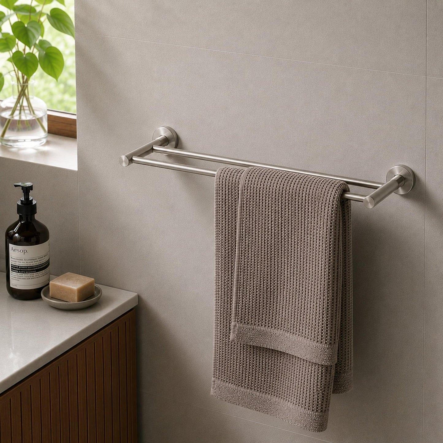 Brushed nickel towel rack with single bar and hanging folded bath towel