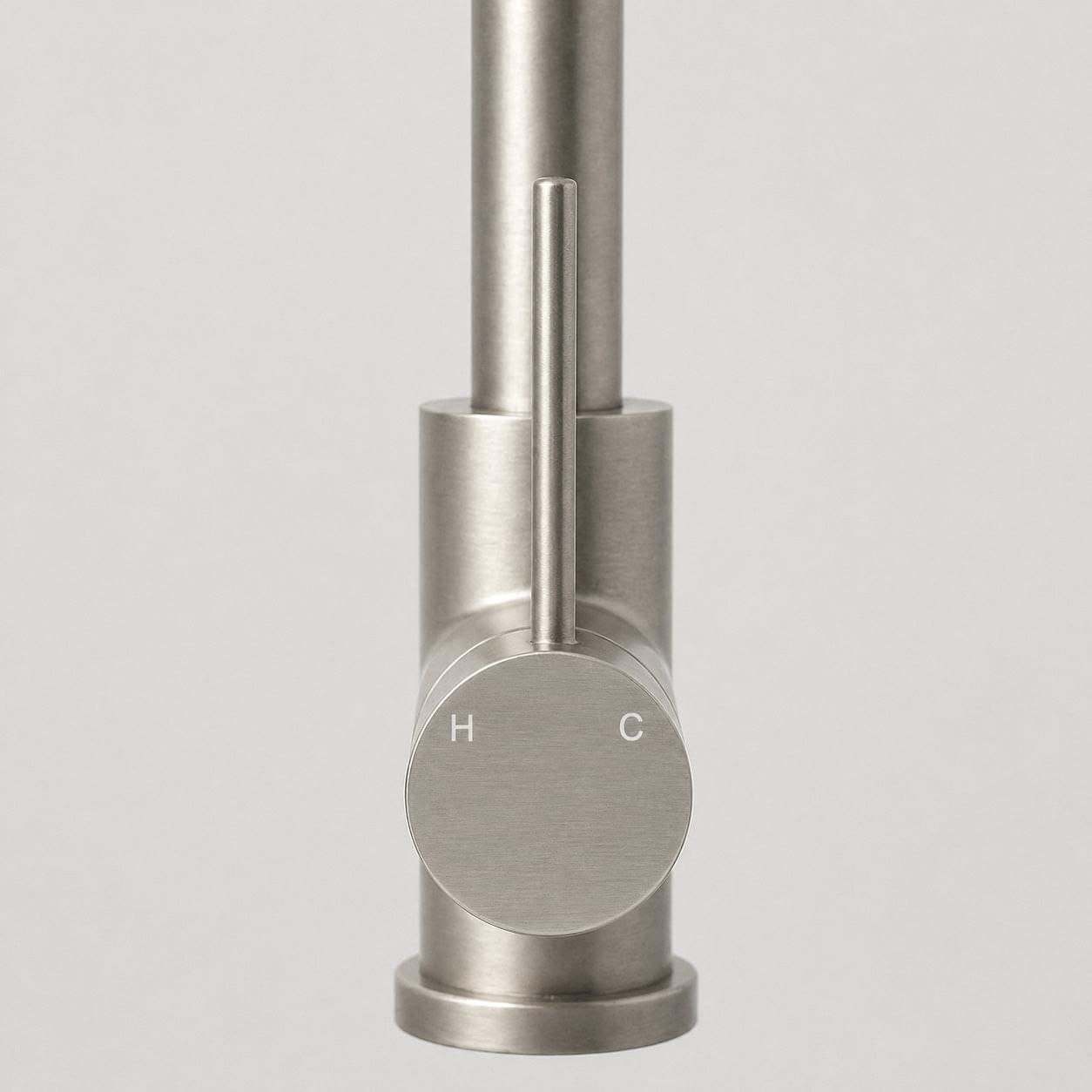 Brushed nickel mixer faucet temperature control with H and C indicators