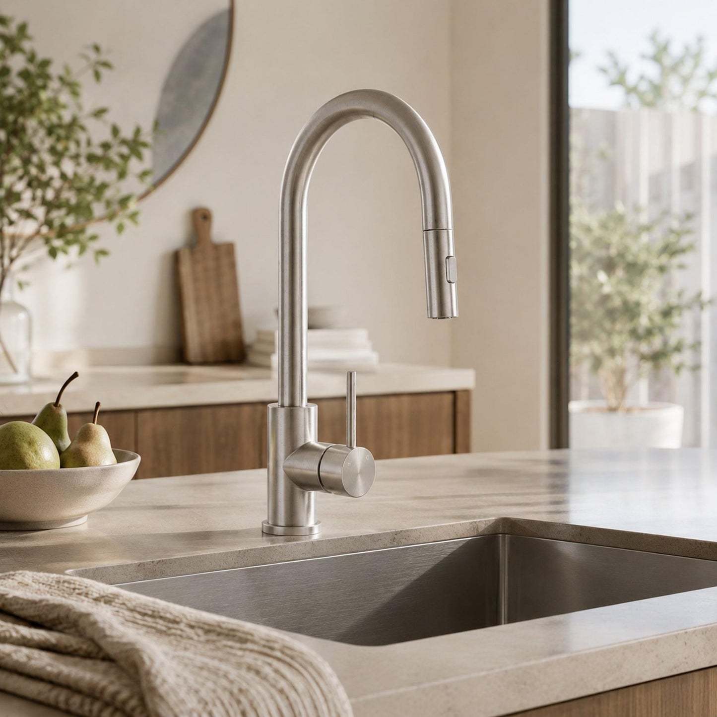 Brushed nickel pull-out kitchen faucet over undermount sink with sprayer