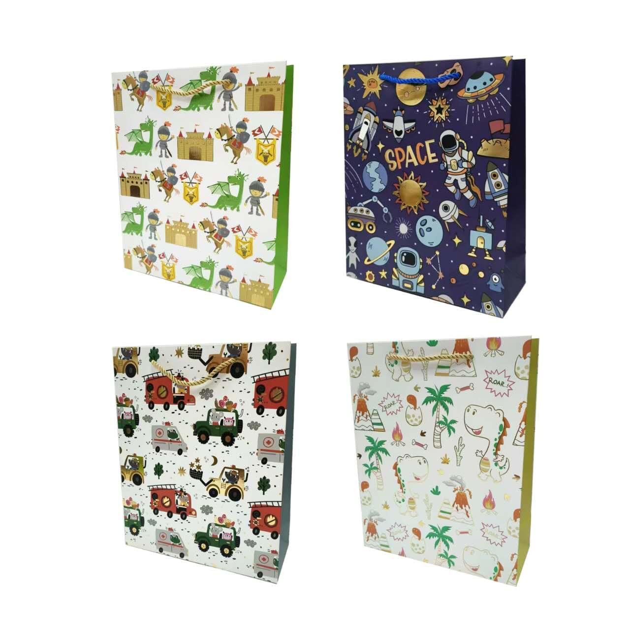 Foiled gift bag assortment, four Xlarge designs with space and animal prints
