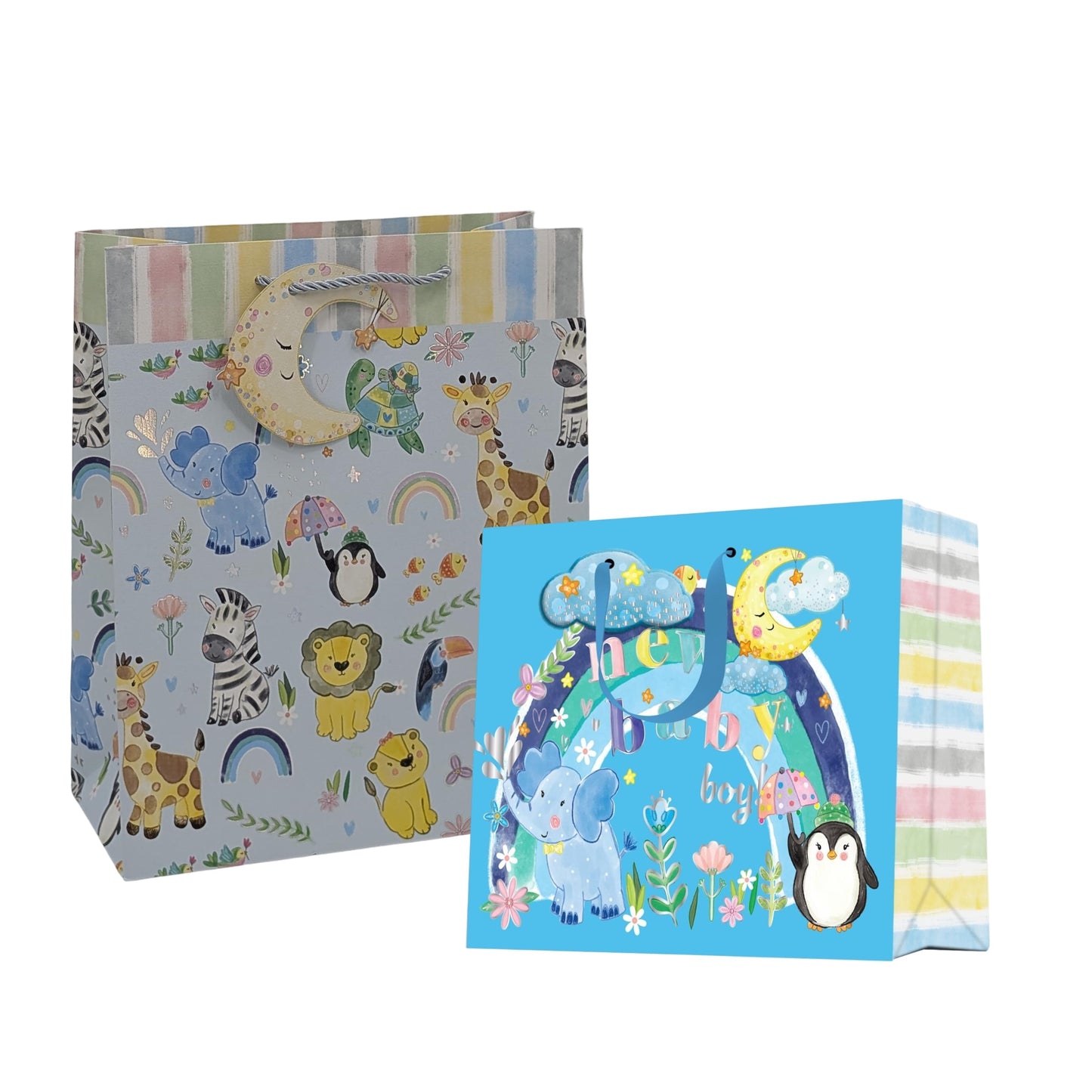 Safari-themed welcome baby boy gift bag with handles, blue 'It's a boy' design