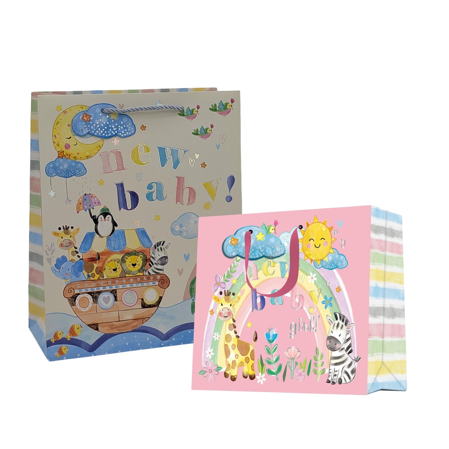 Welcome baby gift bags, colorful animal print with blue and pink designs