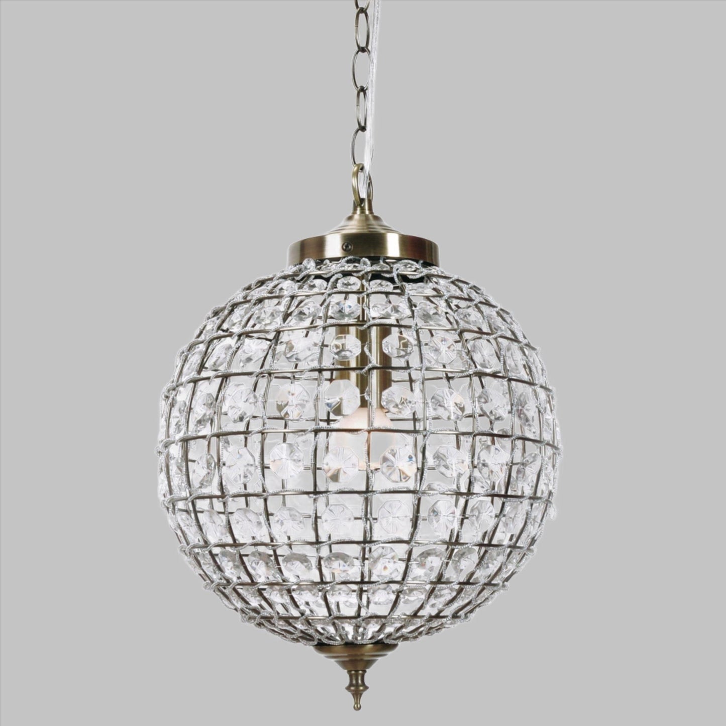 Brass pendant crystal globe chandelier with sparkling square-grid glass panels