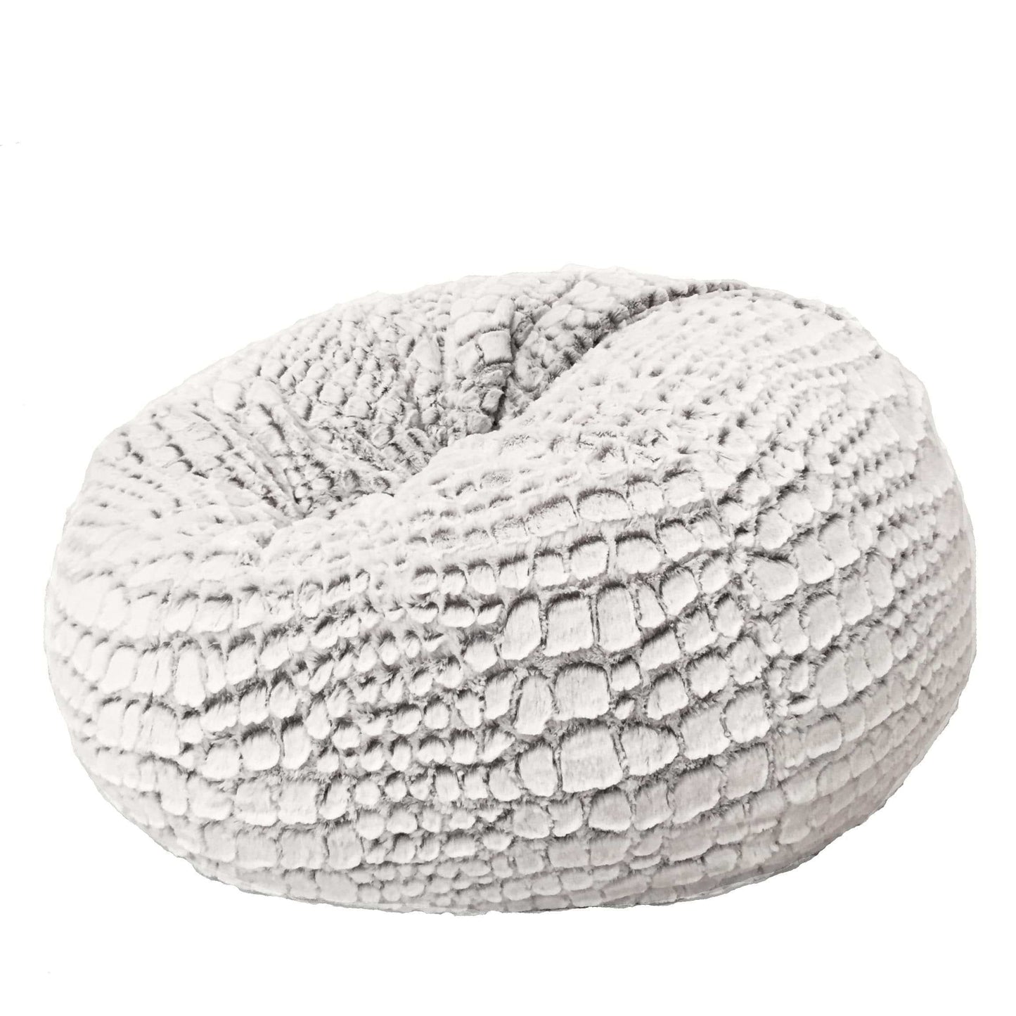 White faux-fur bean bag with oval shape and crocodile-like textured fabric pattern