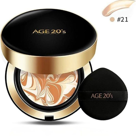 AGE 20's cushion foundation pact with compact lid, visible cushion, and separate puff