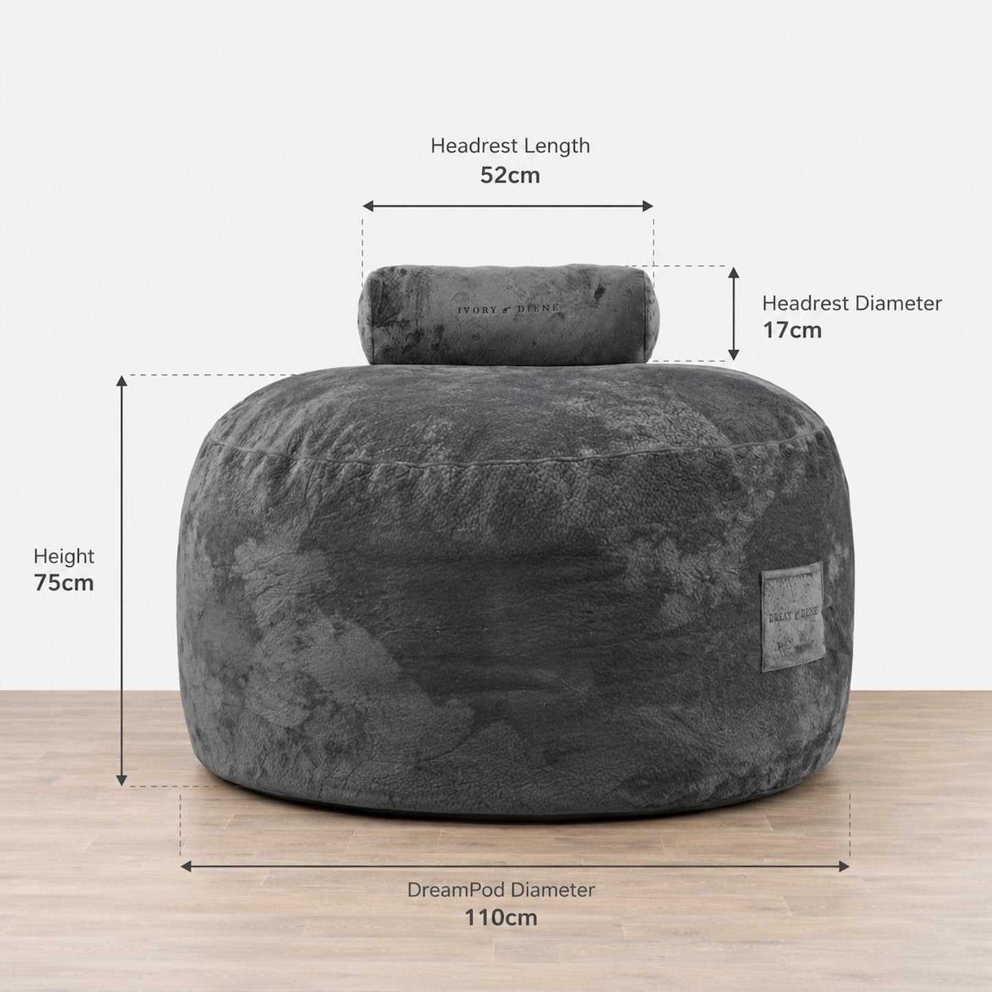 Grey round bean bag chair with headrest and size measurements