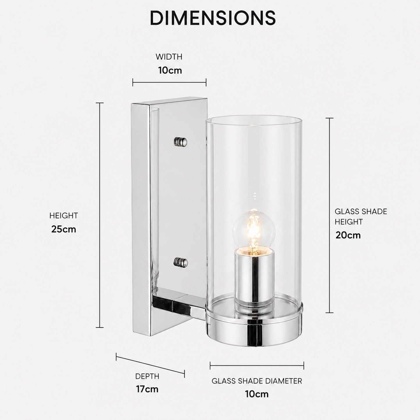 Chrome wall pendant light dimensions diagram with clear glass shade and bulb.