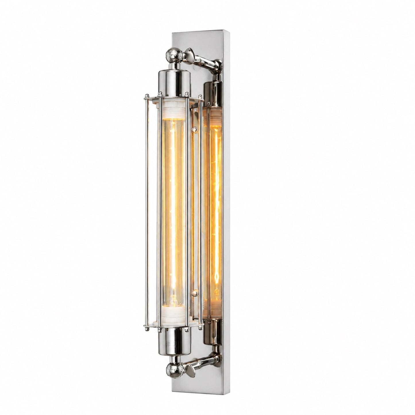 Chrome wall sconce lamp with clear glass cylinder cage and glowing filament bulbs