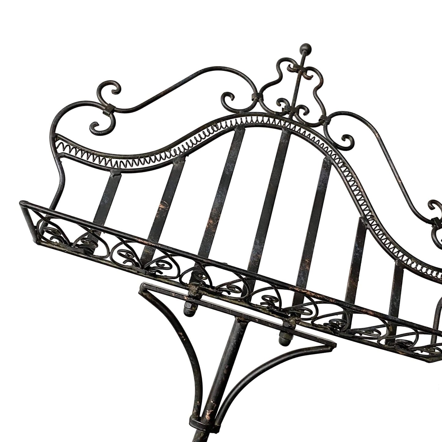 Distressed black ornate metal book and menu stand with curved top grille detail