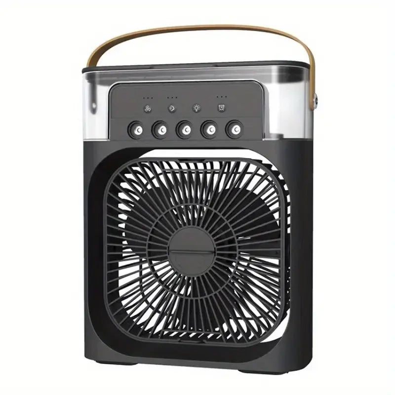 Black portable humidifier fan air cooler with front fan grille and top handle