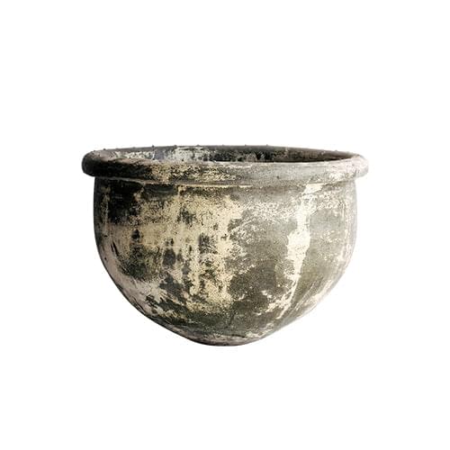 Weathered gray stone planter bowl with dark rim and speckled surface