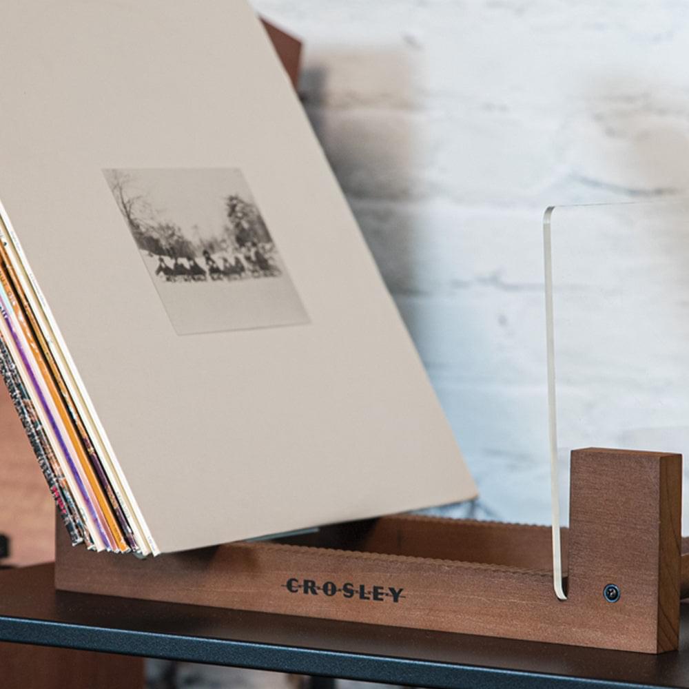 Vinyl record storage stand with two records displayed, visible CR-O-SLEY logo