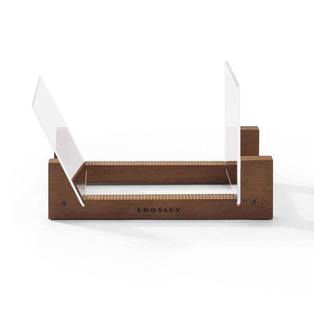 Wooden record storage display stand with open white acrylic dividers