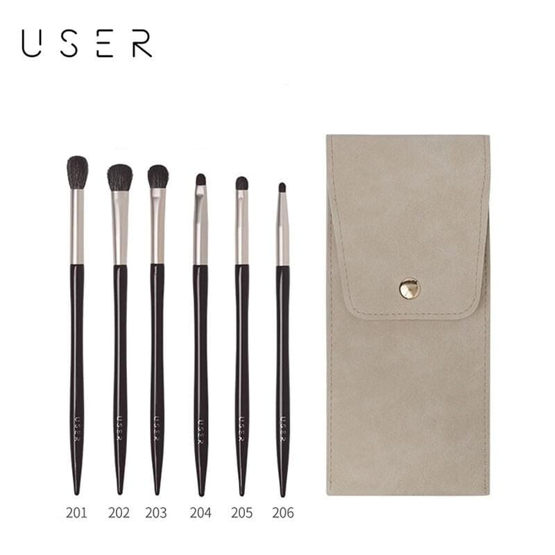 Eye makeup brush set with 6 brush sizes and beige leather-look pouch
