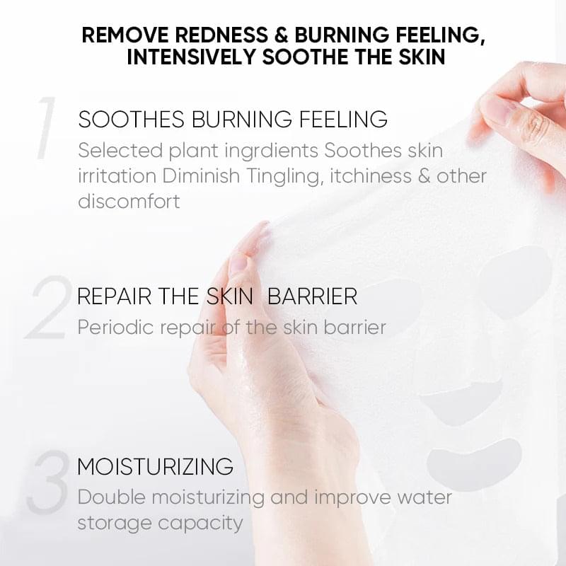 Hyaluronic acid repair mask benefits graphic showing soothing, barrier repair steps