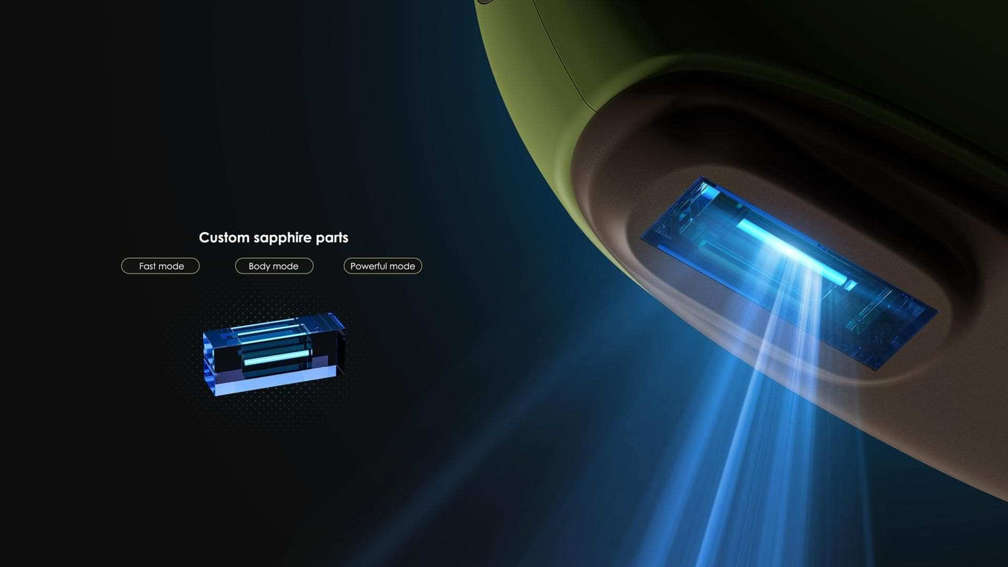 Lime IPL hair removal device beaming blue light from the treatment window