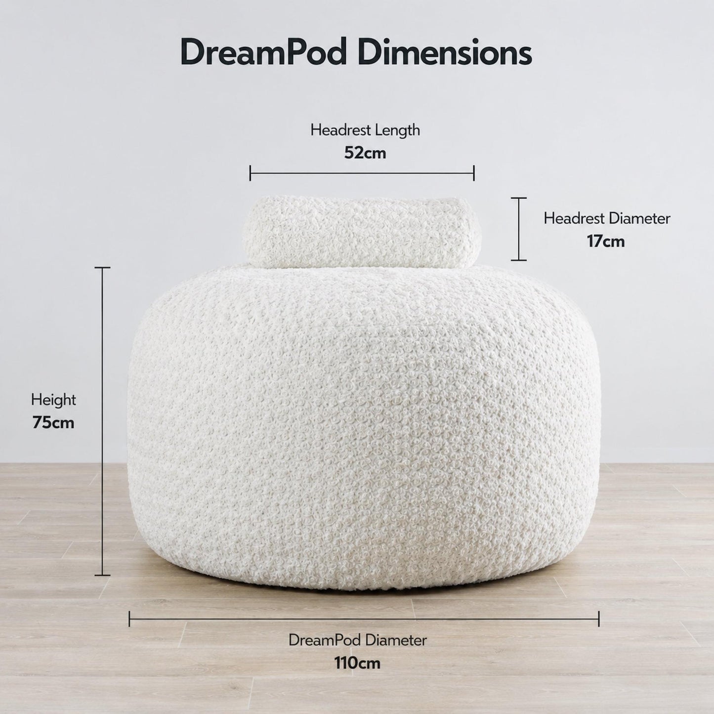 White DreamPod Classic headrest cushion, full rounded backrest shape