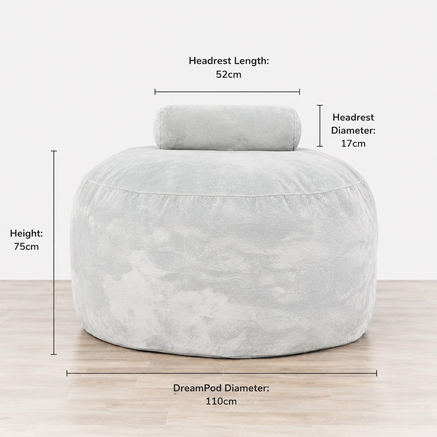 Silver DreamPod Classic bean bag lounge chair dimensions: 75cm high, 110cm diameter.