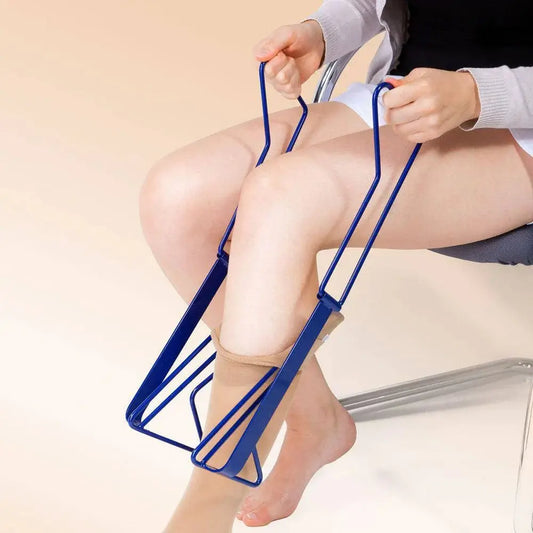 Compression stocking applicator lifting a sock onto the foot with blue frame