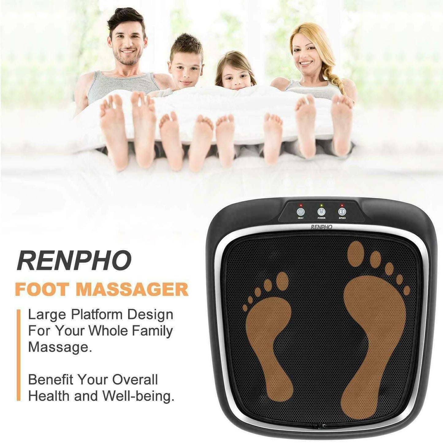 RENPHO black foot massager with large square mesh pad for multiple feet