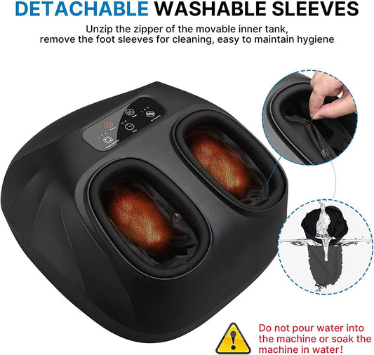 Black heated foot massager with detachable, washable inner sleeves for cleaning