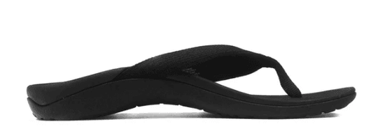 Black orthotic flip flop sandals with wide strap and contoured footbed