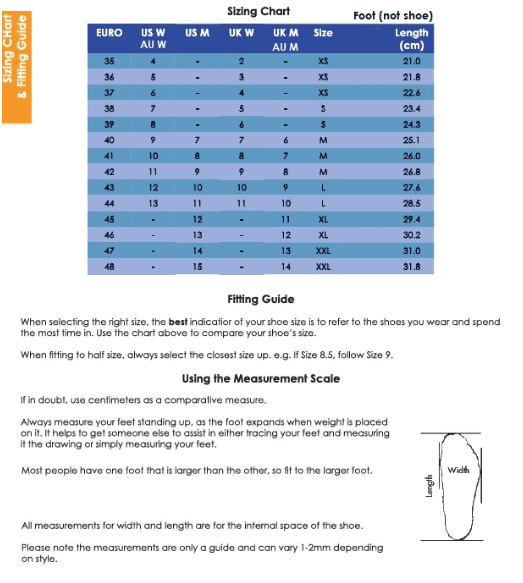 Size chart page for womens flip-flops, including foot length in cm and width