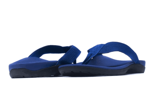 Men's orthotic flip-flops, navy double straps, black outsole, and blue footbed