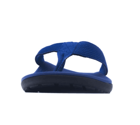 Navy orthotic flip flops with woven strap across the midfoot and cushioned base