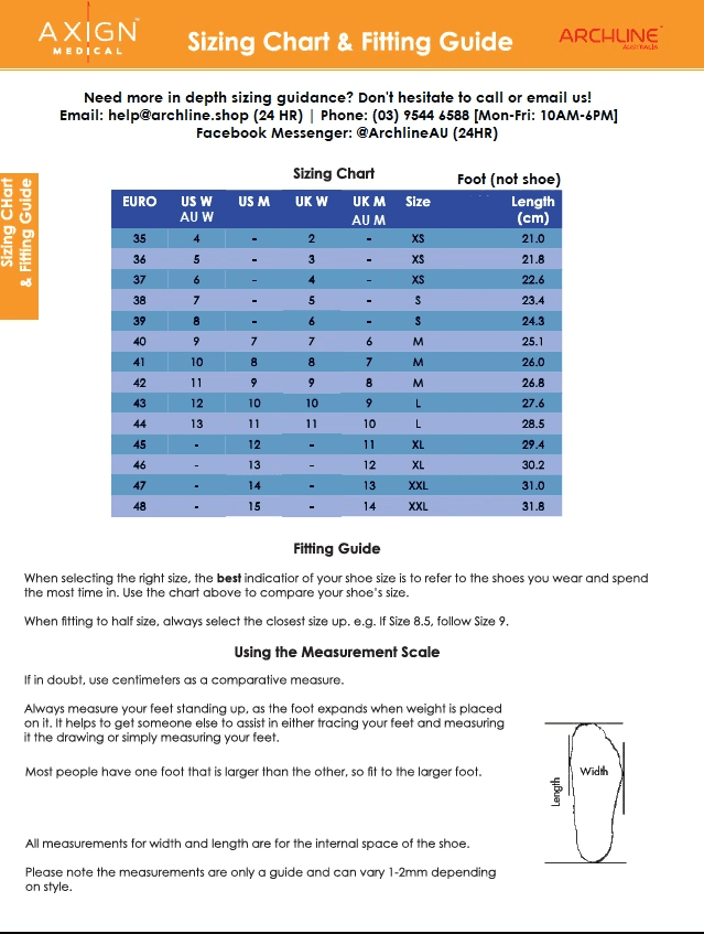 Sizing chart and fitting guide with foot width measurement scale