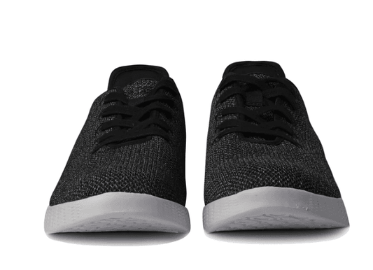 Charcoal knit lace-up orthotic sneaker pair, front view with white midsoles