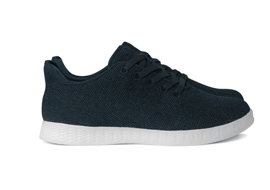 Mens navy lightweight orthotic knit shoe, side view, black laces, white sole