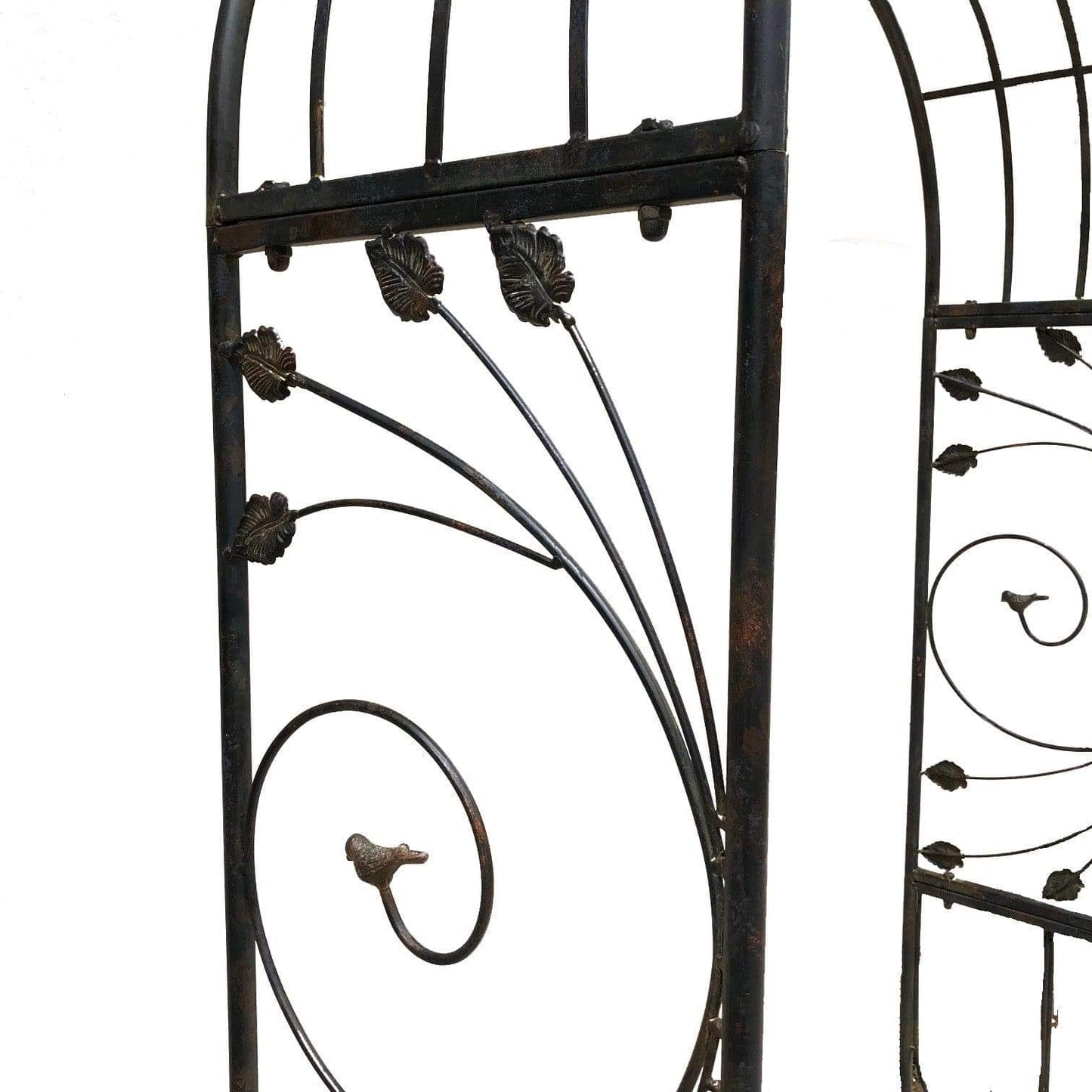 Black metal garden arch side panel with floral medallions and curved tendrils