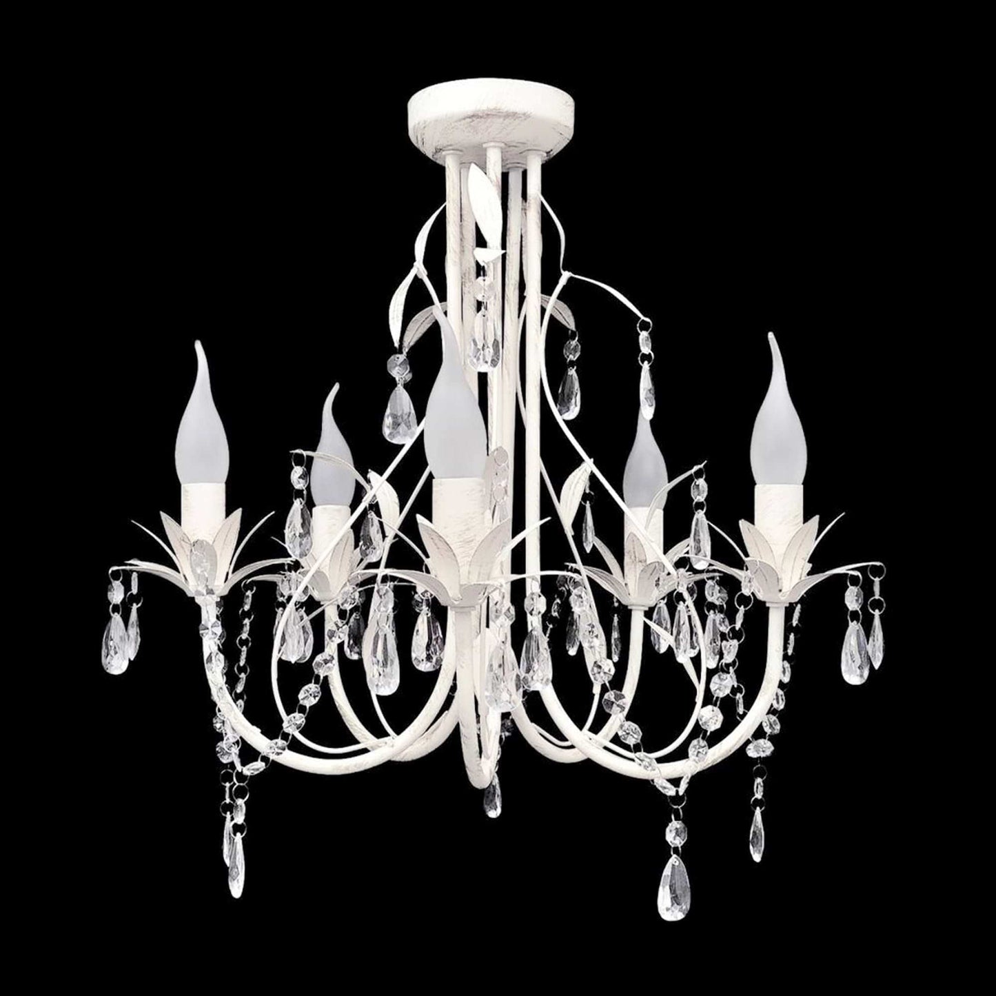 White 5-light leaf chandelier with curved arms, crystal drops, and candle-style bulbs