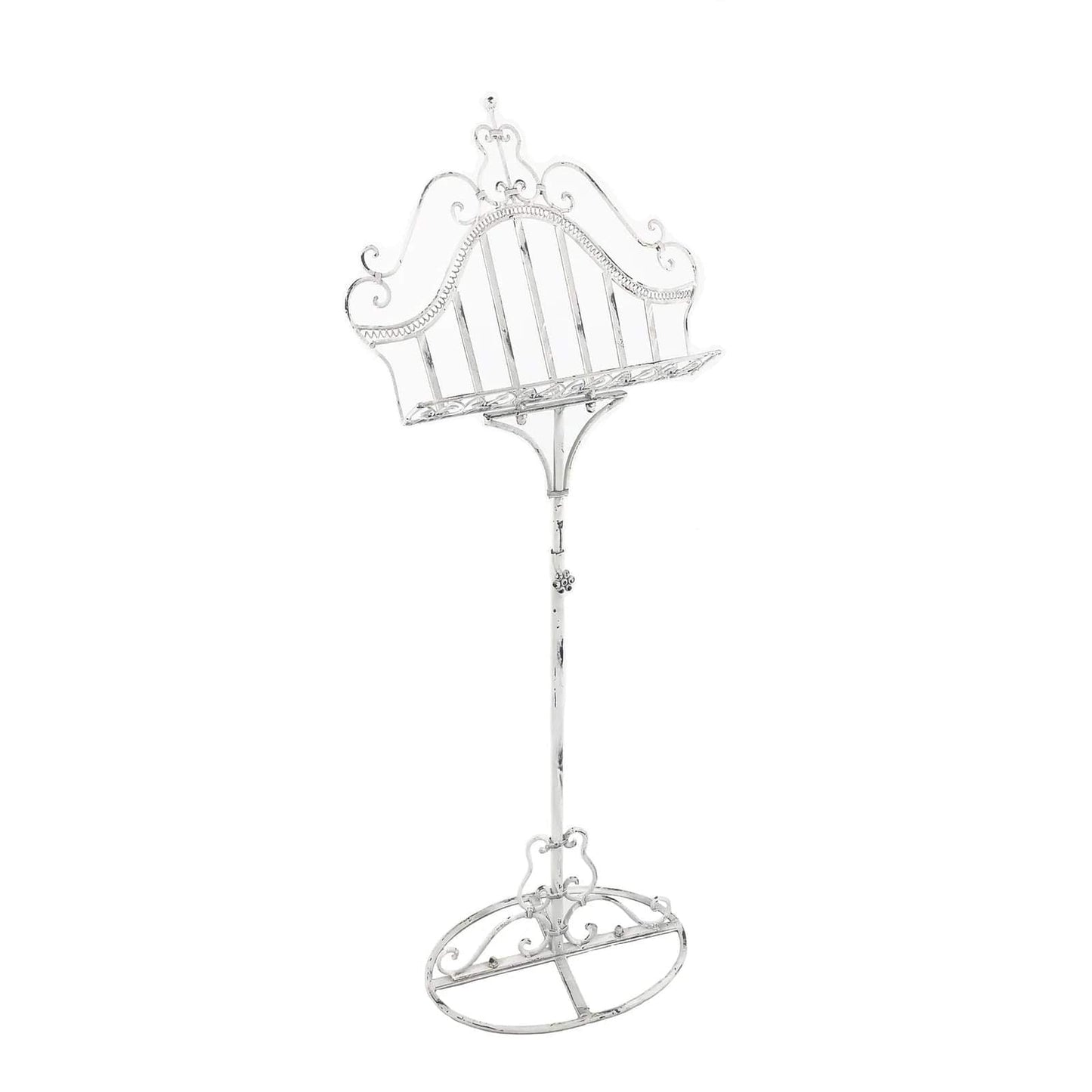 White metal book and menu stand with arched decorative finial top