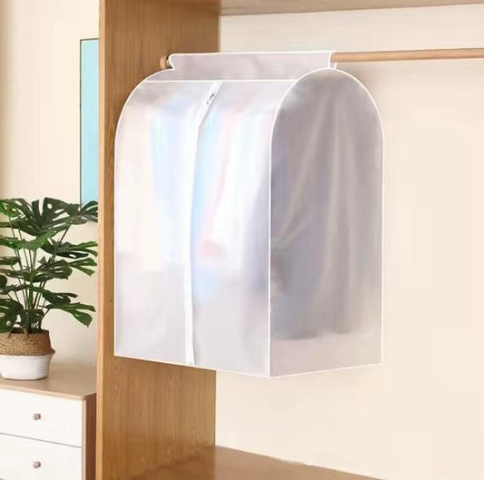 Dustproof garment bag cover with curved top, clear white fabric and front opening