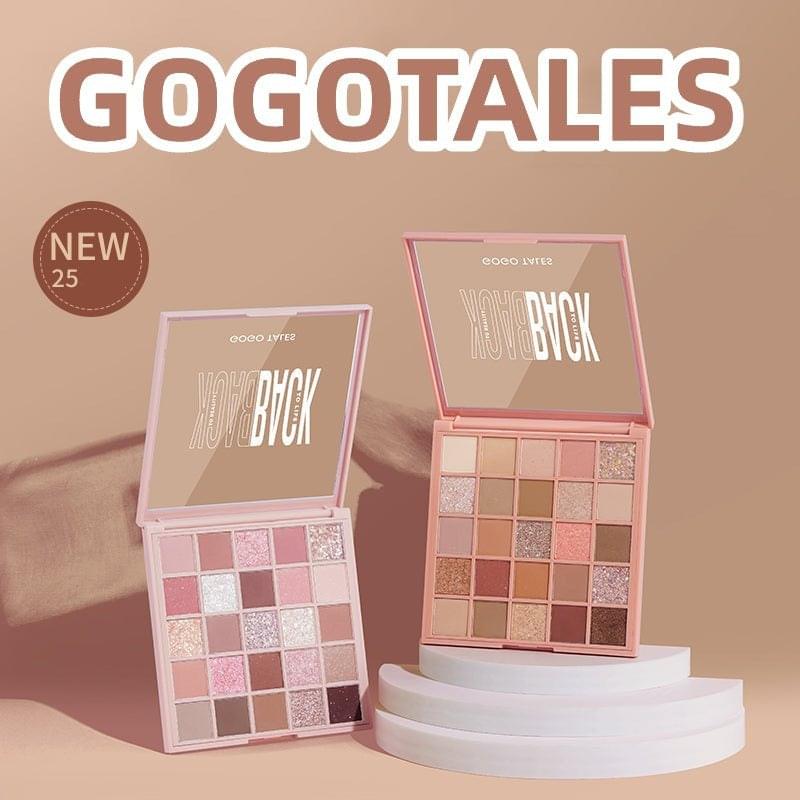 Two GOGOTALES eyeshadow palettes with pink-toned matte and glitter shades in open cases