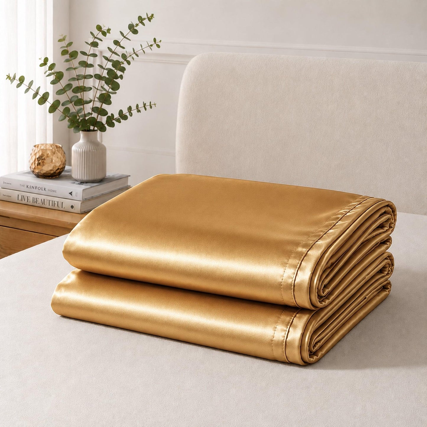 Gold satin pillowcase set folded stack, smooth sheen with stitched edge