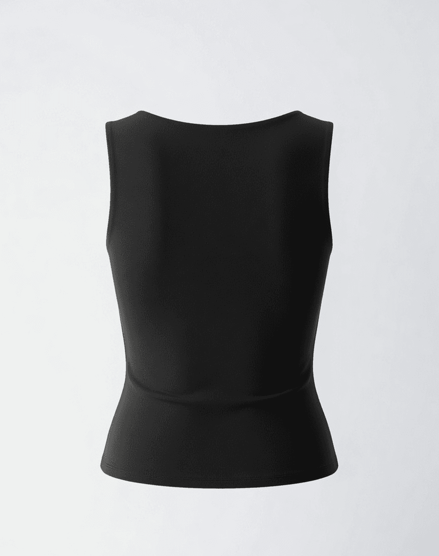 Black sleeveless cotton tank top on hanger, fitted silhouette