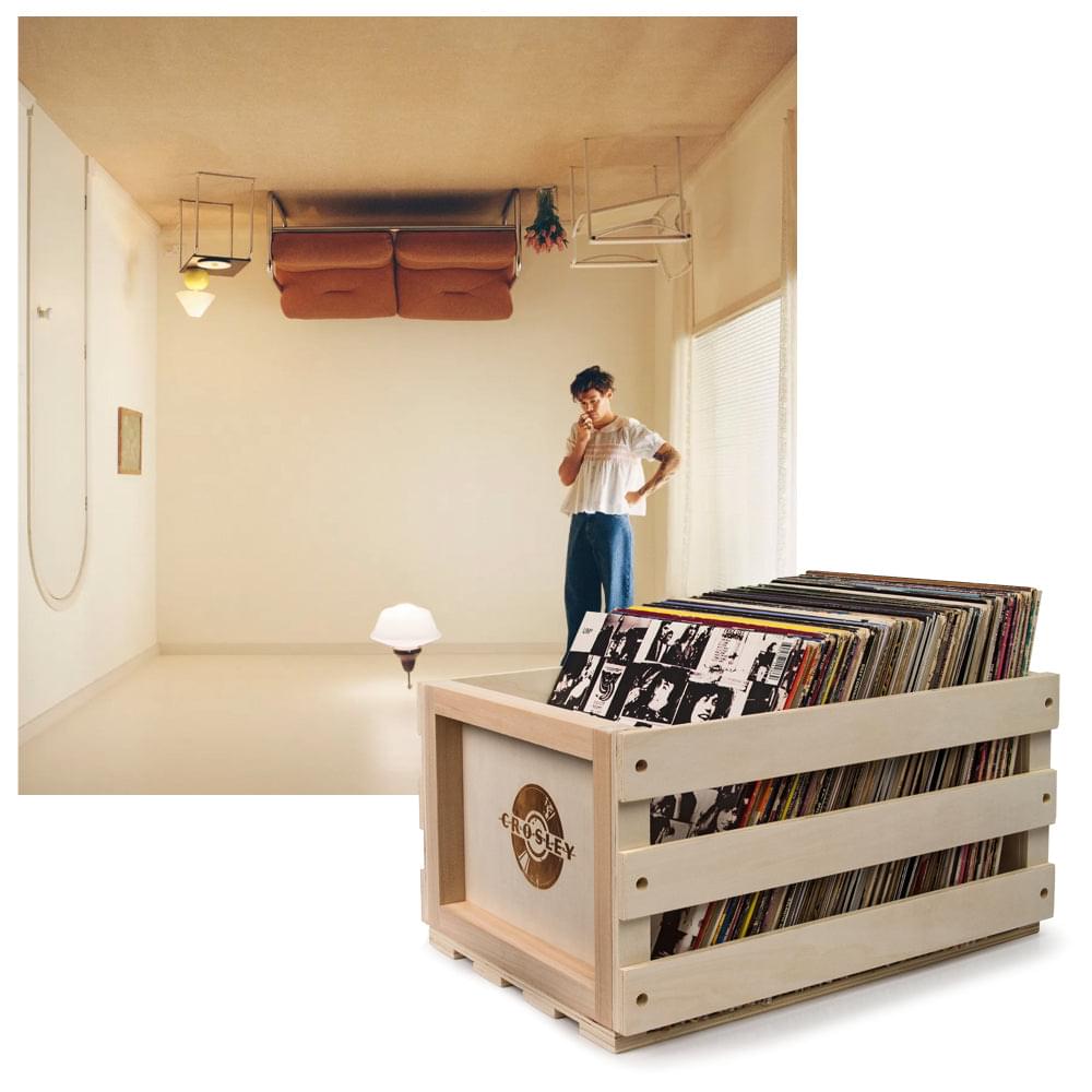 Wooden record storage crate with vinyl albums