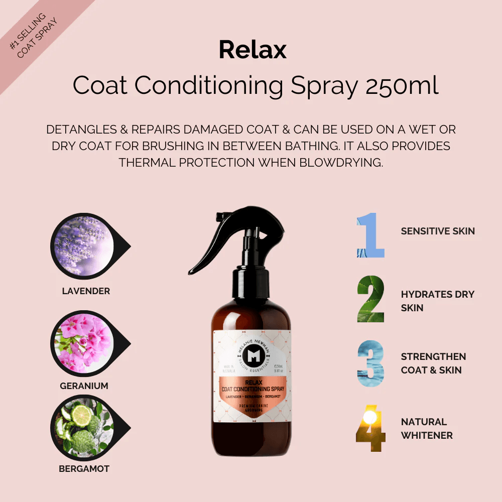 Coat conditioning spray bottle with black trigger sprayer, amber bottle and white label