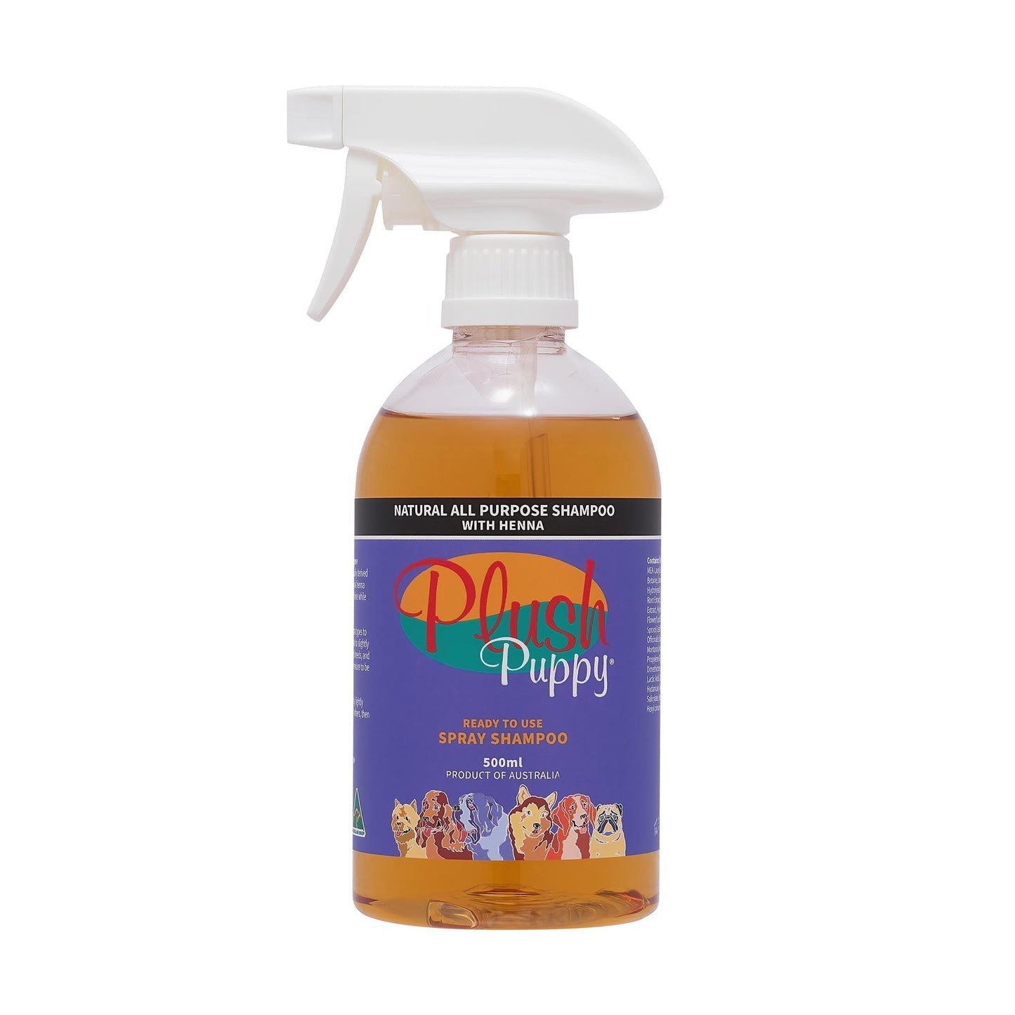 Spray shampoo bottle with henna label, white trigger sprayer and orange liquid in clear container