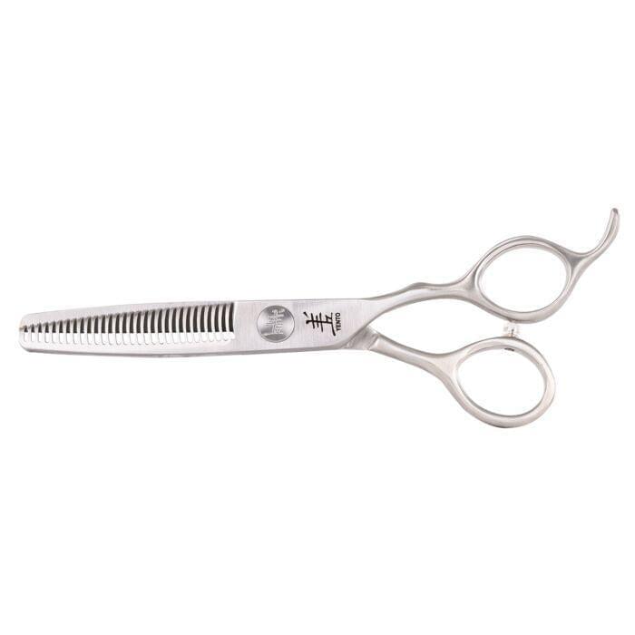 Silver barber blender scissors with straight comb edge and three finger holes