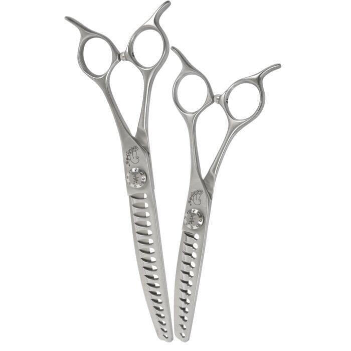 Pair of silver curved hair thinning shears with thumb rings and ridged perforated blades