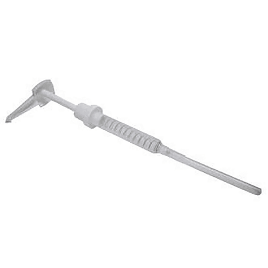Plastic gallon pump with long siphon tube and angled pour spout, light gray
