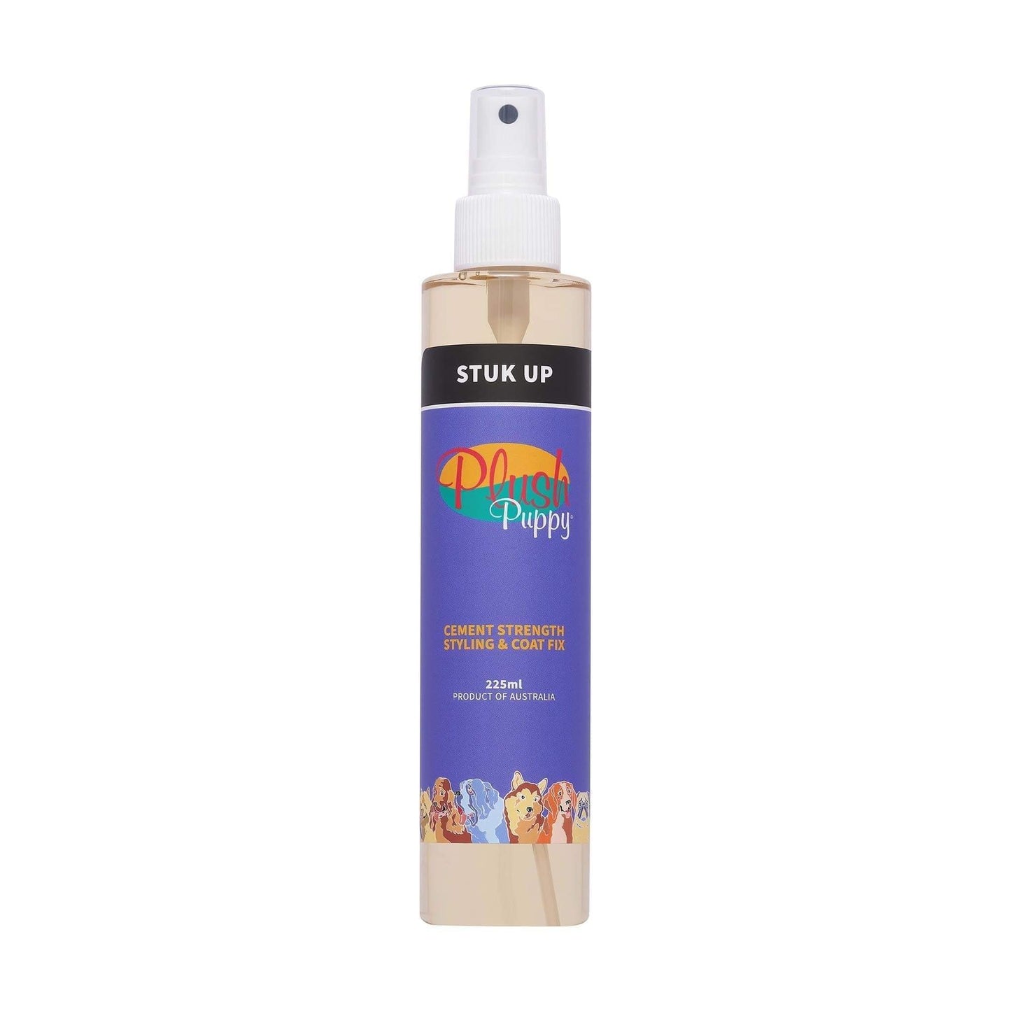 225ml styling spray bottle with white nozzle cap, Stuk Up Plush Puppy branding