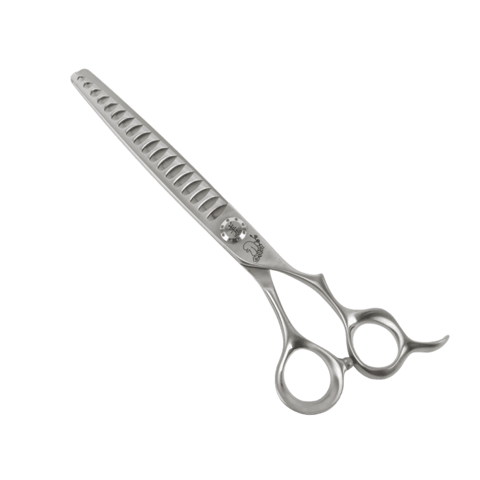 Silver hair cutting scissors, long blade with notched comb edge and two finger holes