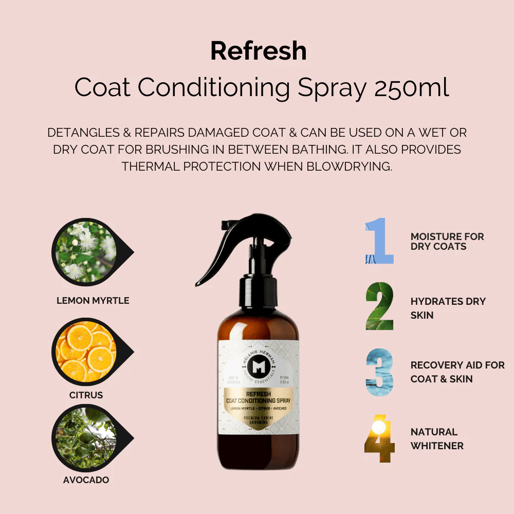 Conditioning spray bottle with black trigger, amber bottle, white label.