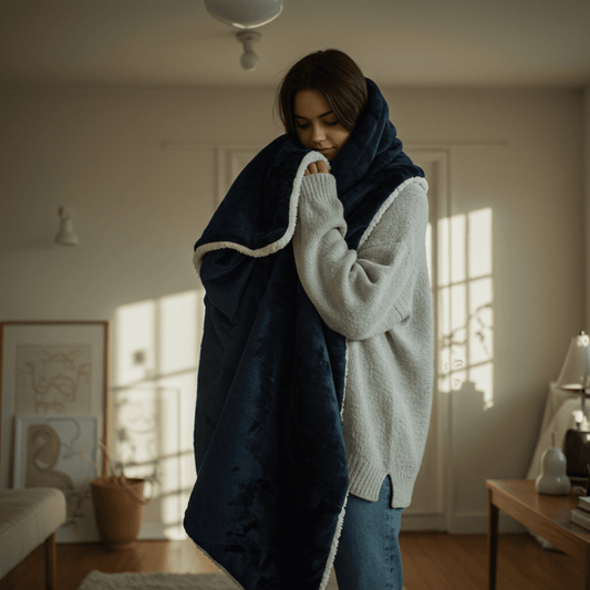 Navy plush sherpa throw blanket with white trim, draped over shoulders