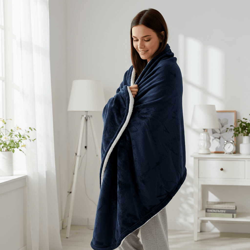 Navy plush sherpa throw blanket with white fleece lining, worn like a shawl